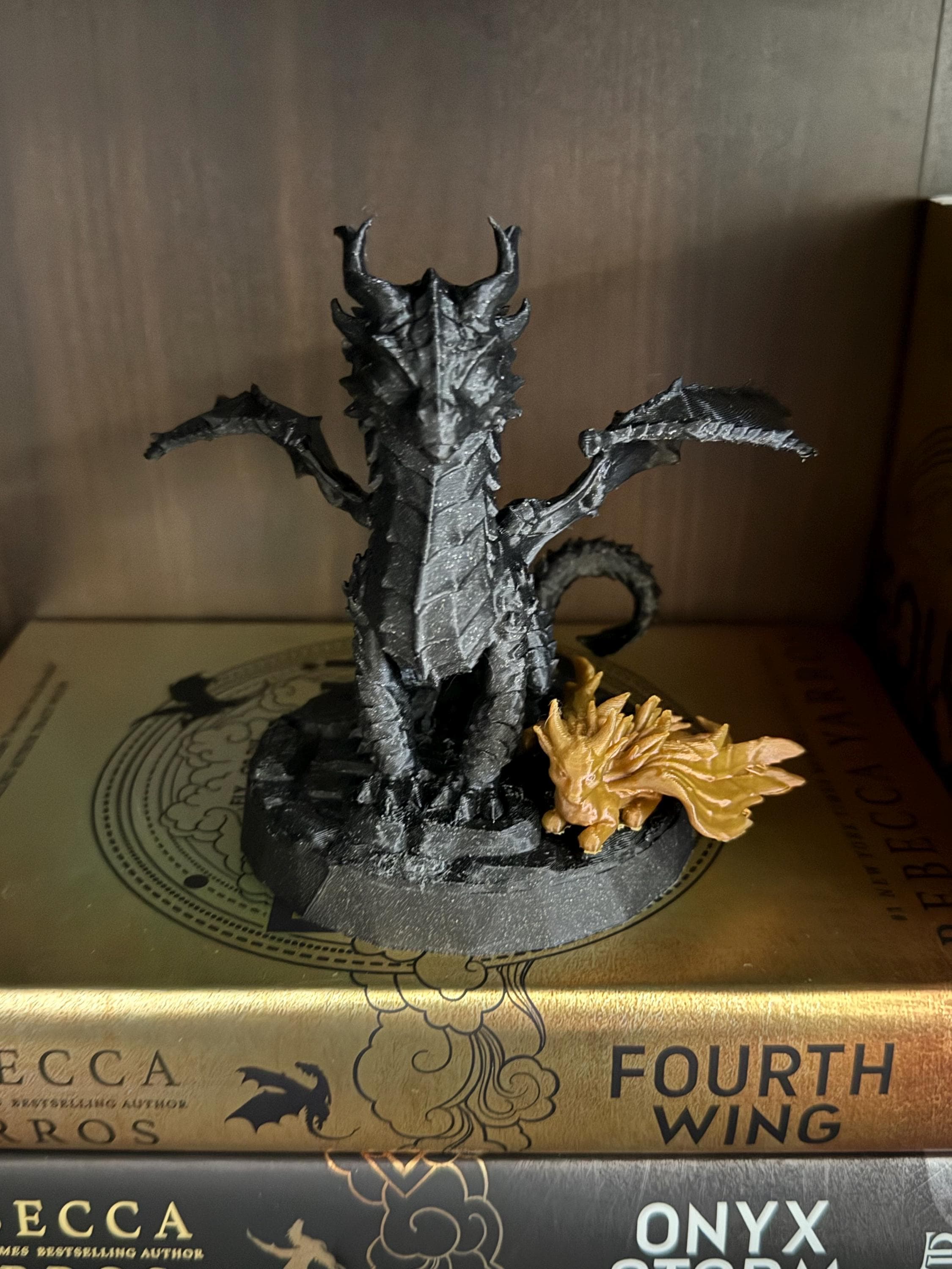 black  Dragon Tairn and mini Gold dragon Andarna shelf decor fourth wing iron flame onyx storm 3d printed decor