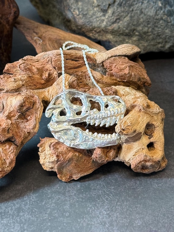 Tyrannosaurus Rex Fossil Skull Fine Silver Necklace Gift for Men