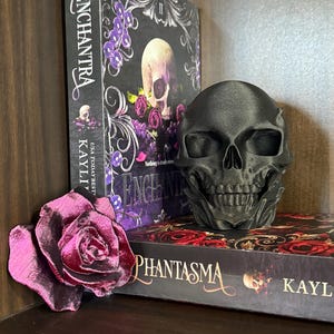 Black or white Skull with accent rose  3d printed bookshelf decor phantasma enchantra inspired booktok. Gift for book lover