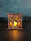 Rustic sasquatch Bigfoot in mountains Luminary flamless candle box shelf decor remote caddy pen holder
