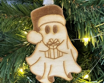 Cute Christmas Ghost with Present Ornament