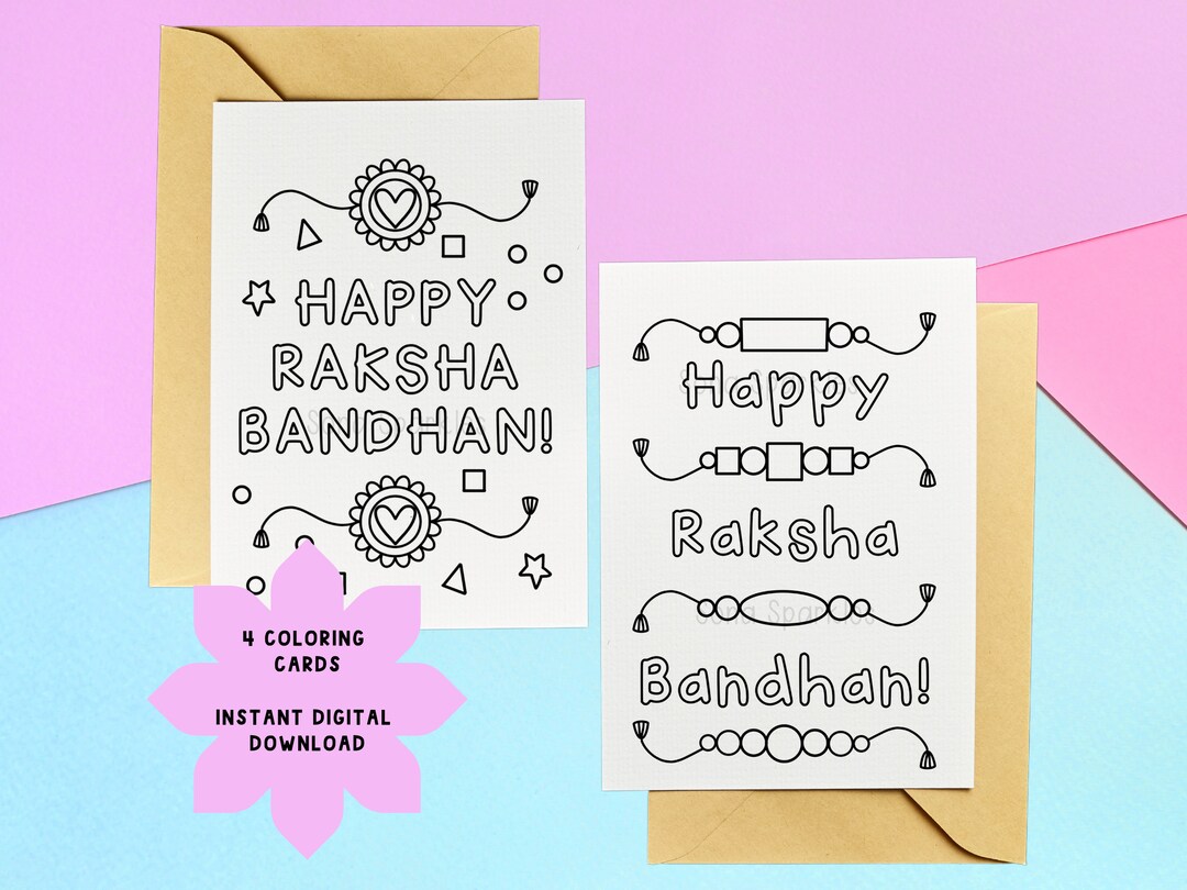 4 Raksha Bandhan Cards Printable, Instant Download, Coloring Card Raksha Bandhan Gifts Rakhi ...