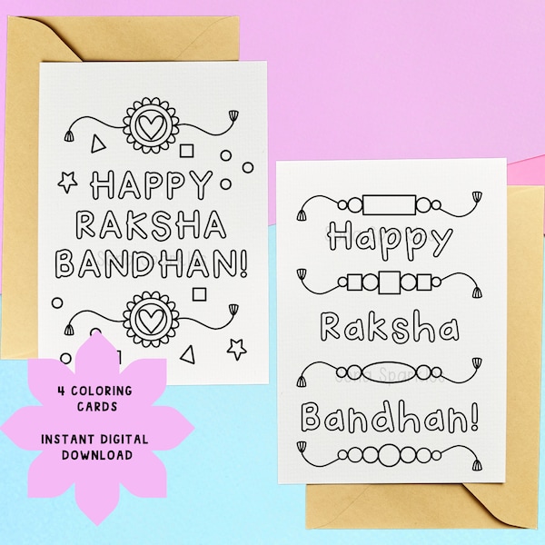 4 Raksha Bandhan Cards- Printable, Instant Download, Coloring card | Raksha Bandhan Gifts | Rakhi Cards | Desi Cards | Rakhi gifts| Rakhri