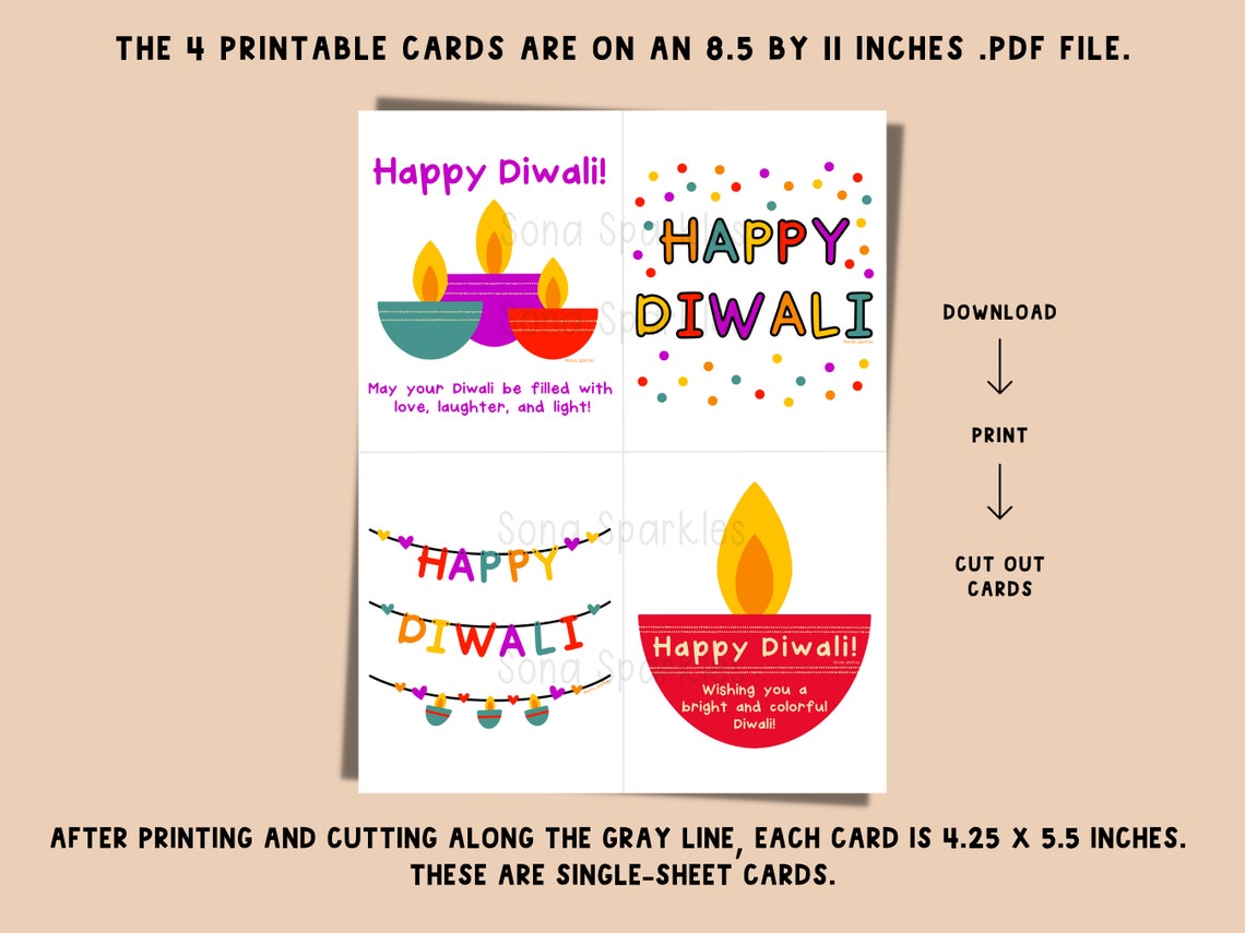 Diwali Greeting Cards 4 Printable Cards, Instant Download Diwali Cards ...