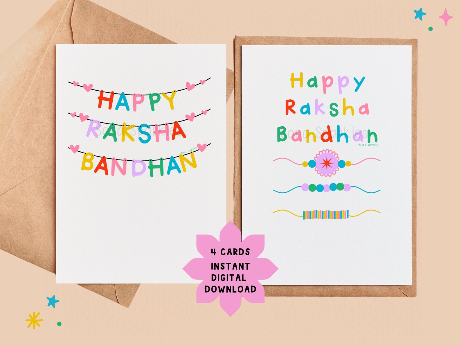4 Raksha Bandhan Cards Printable, Instant Download Raksha Bandhan Gifts ...
