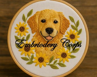 ゴールデンレトリバー刺繍 ハンドメイド 額装済 名入れ等可能 刺繍フレーム ゴールデンレトリバーの手刺繍パターン、犬のデザイン（PDF