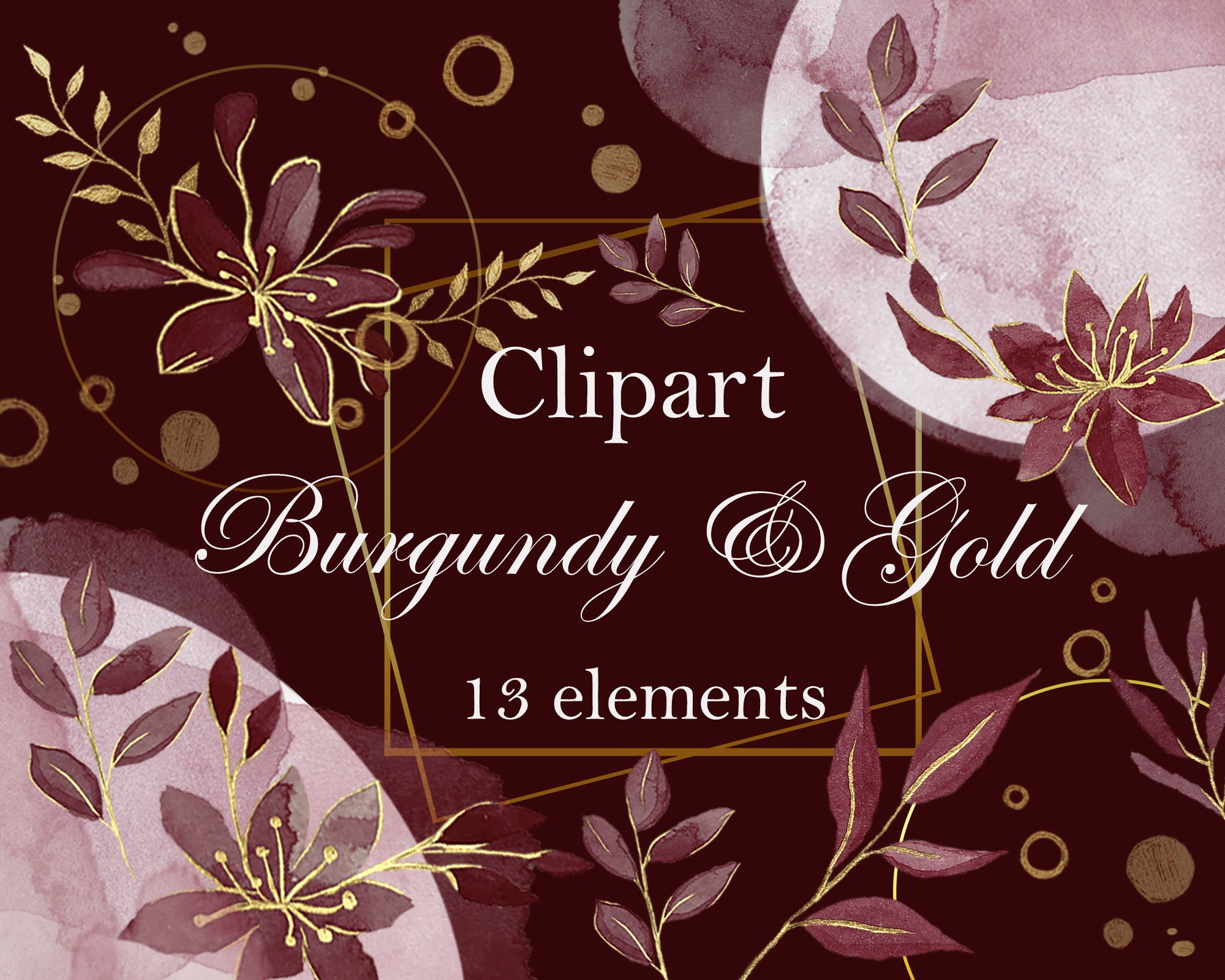 Burgundy Gold Clipart, Logo, Gold Frames, Watercolor, Png, Flowers ...