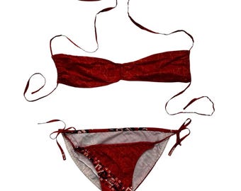 Vintage 1970s Red Orange Batik Cotton Bikini Bandeau Halter Tiki Boho Two Piece