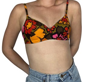Vintage 1960s Elizabeth Stewart California Floral Tiki Bikini Top Padded
