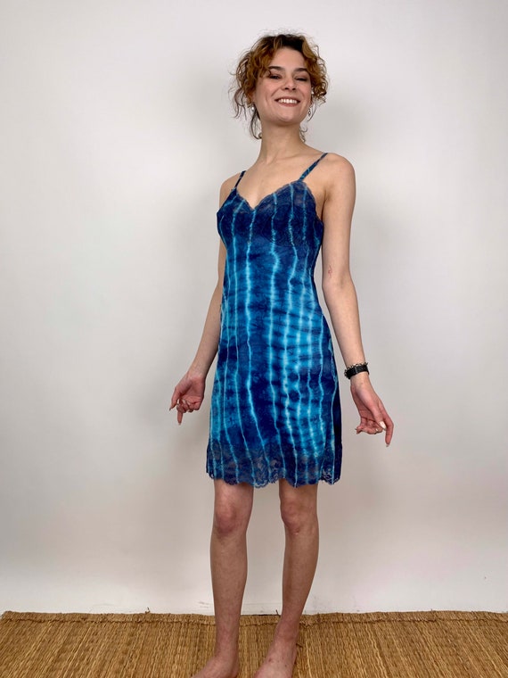 Tie Dye Vintage 1960s Bright Blue Slip Dress Pool… - image 1