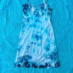 Hand Dyed Vintage Blue Tie Dye Slip Dress 1960s Lingerie Pool Coverup Reworked Upcycled Dress