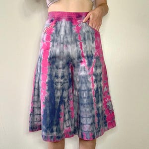 Vintage 1970s Reverse Tie Dye Denim Shorts Wide Leg High Waisted Blue Pink Rework