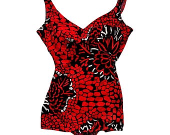 Vintage 1970s Channel West Abstract Floral One Piece Swimsuit Brown Neon Orange