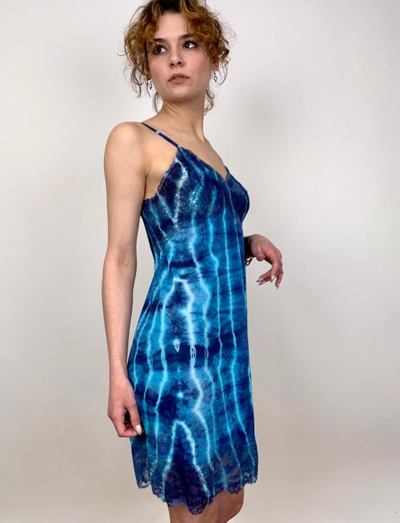 Tie Dye Vintage 1960s Bright Blue Slip Dress Pool… - image 4