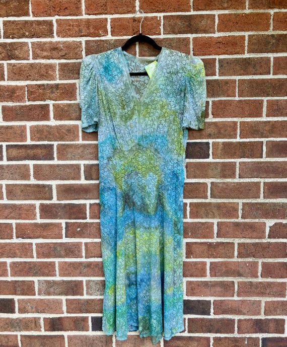 Antique 1930s 1940s Hand Dyed Blue Green Floral Lace Dress