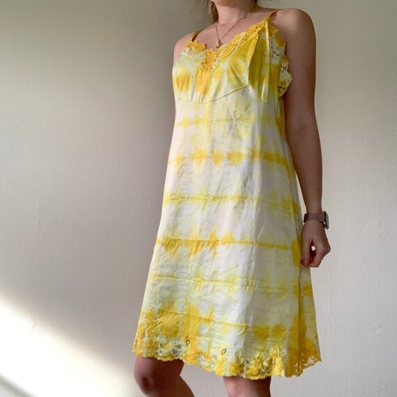 Tie Dye Vintage 1960s Bright Yellow Slip Dress Po… - image 2