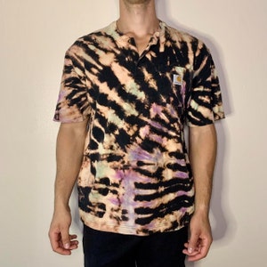 Reverse Shibori Tie Dyed Black Yellow and Purple Short Sleeve Carhartt T-Shirt Bleach Tie Dye