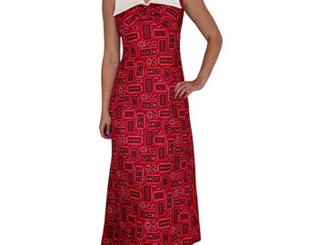 Vintage 1970s Allegro Bandana Print Maxi Dress Red White Blue Americana Festival Collar