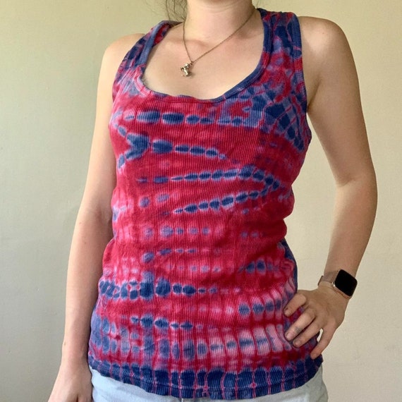 Comfy Hand Reverse Tie Dyed Red and Blue Tank Top… - image 1