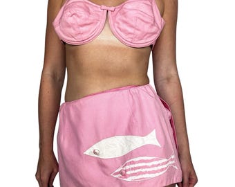 Vintage 1950s Saks Fifth Avenue Pink 2 Piece Swimsuit Fish Applique Skirt Canada