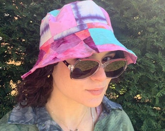 Handmade Patchwork Bucket Hat Berry Blend Lime Lining Reversible and Machine Washable