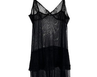 Antique 1940s Black Silk Lace Slip Dress Camiknickers Bead Lingerie Boudoir