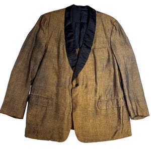 Vintage 1950s Mens Smoking Jacket Shawl Collar Green Brown Silk Dupioni Large