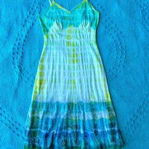 Hand Dyed Vintage Lime Green and Turquoise Tie Dye Slip Dress Reworked Upcycled Shibori