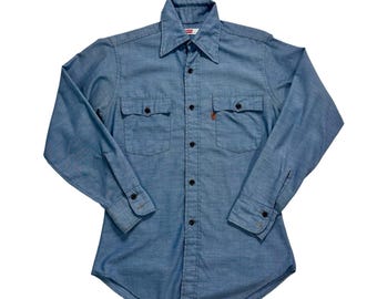 Vintage 70s Levis Orange Tab Chambray Denim Shirt Workwear Button Up Medium USA