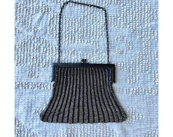 Antique 1920s Beaded Flapper Purse Chrome Navy Blue Silk Micro Bead Art Deco Bag