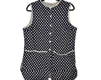 Vintage 1960s Handmade Polka Dot Smock Dress Apron Navy Blue Cotton Large