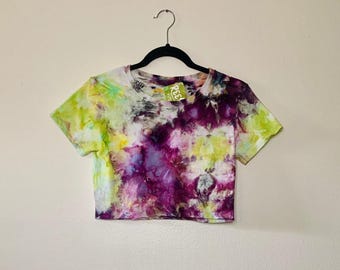 Hand Dyed T-shirt - Purple and Lime Cropped Short Sleeve