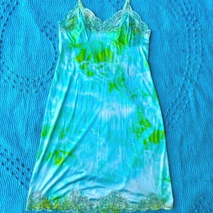 1960s Lime Green Turquoise Tie Dye Slip Dress Reworked Y2K Boho Summer Festival Gown
