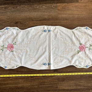 Antique Rainbow Floral Embroidery Table Runner 16&quot; x 39&quot; White Cotton AS IS