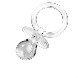May include: A clear plastic baby pacifier with a ring handle. The pacifier is a popular baby shower favor.