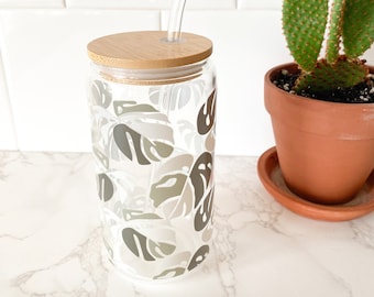 Monstera Leaf Glass Iced Coffee Cup: Plant Lady Gift