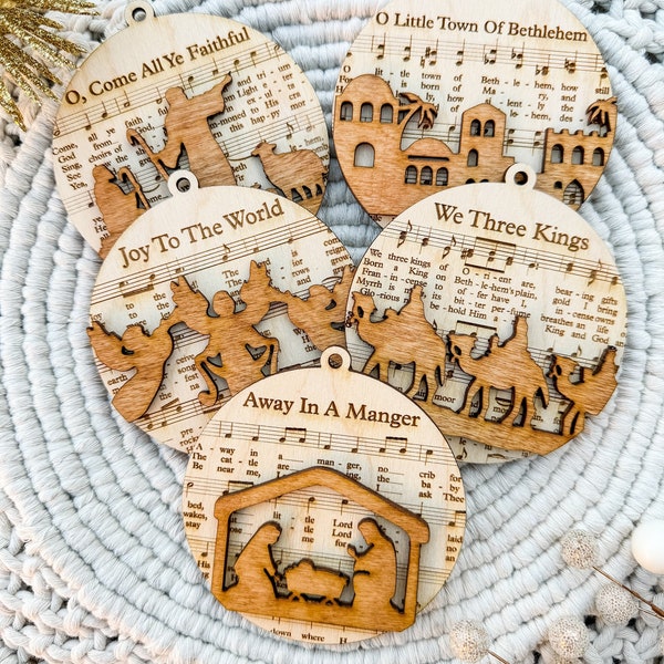 Nativity ornaments - Joy to the world - Christian ornaments - Religious Ornaments - Sheet Music Ornaments - Hymn Ornaments - Christmas