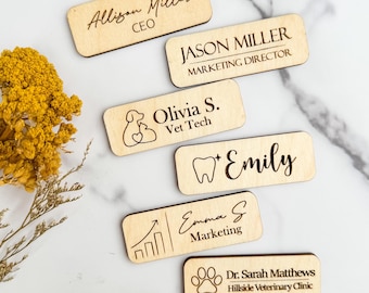 Personalized Wooden Magnetic Name Tag Custom Engraved Business Badge