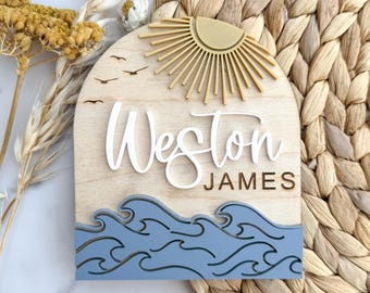 Personalized Wooden Baby Name Sign, Coastal Nursery Decor, Ocean Wave Wall Plaque
