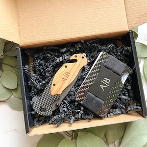 Set de regalo para hombres - Cuchillo de regalo del Día del Padre y juego de regalo de billetera - Cartera de fibra de carbono -Cuchillo personalizado - Regalo para él - Regalo de papá
