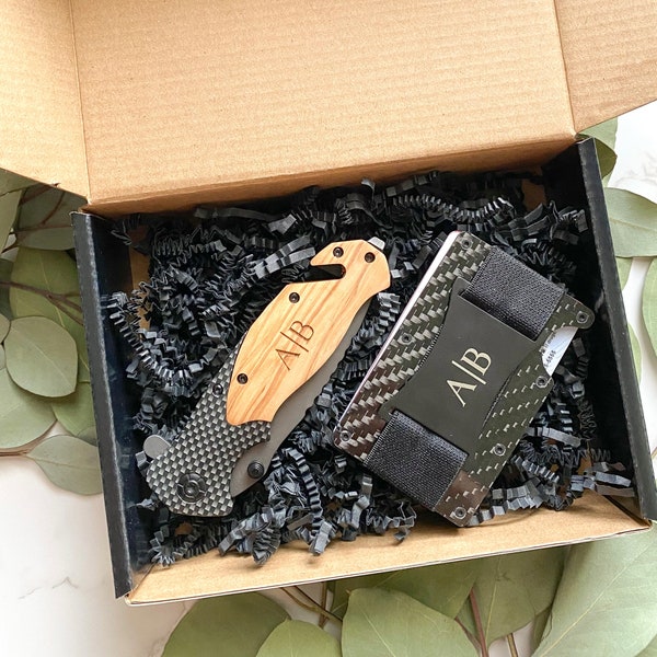 Men Gift Set - Fathers Day Gift Knife and Wallet Gift set - Carbon Fiber Wallet -Personalized  knife - Gift for him - Dad Gift