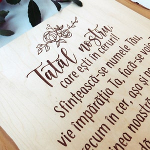 The Lord&#39;s Prayer in Romanian: Engraved Wood Plank, Christian Home Decor
