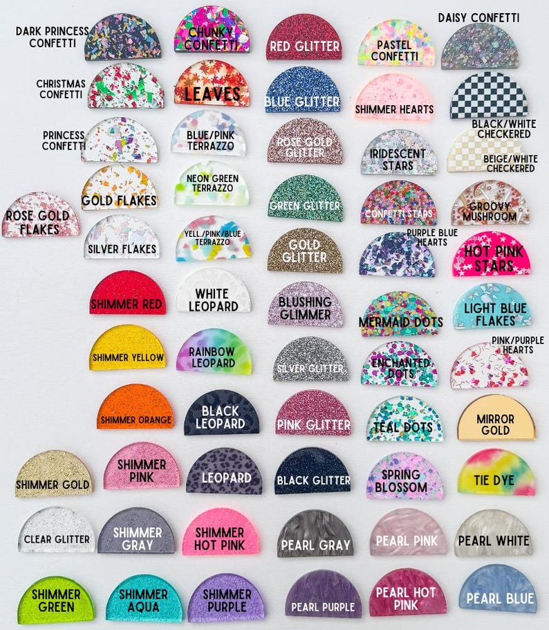 May include: A selection of colourful, semi-circular glitter and confetti designs. Each design is labelled with a unique name, such as "Red Glitter," "Mermaid Dots," and "Black Leopard." Suitable for crafting and embellishments.