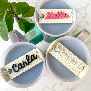 Personalized Stanley Tumbler Name Plate: Beige Checkered Acrylic Tag