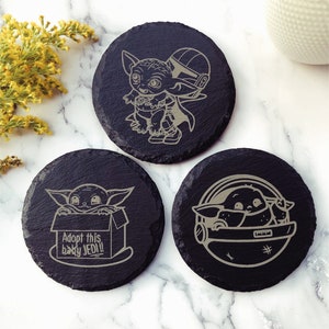The child slate coasters - Baby alien coasters - Green alien gift - Baby alien gift - Slate coasters - Slate gift set - Star wars gift