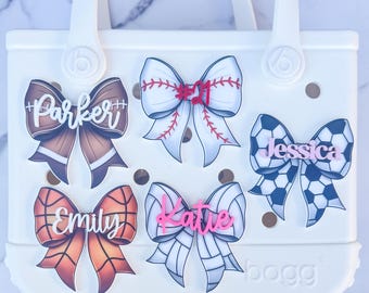 Personalized Sports Bow Charm, Custom Name Bogg Bag Accessory, Softball Soccer Basketball Volleyball