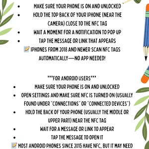May include: An illustrated guide with instructions for using NFC on smartphones. The text details how to enable NFC on iPhones and Androids. The image features decorative elements such as pencils and leaves.