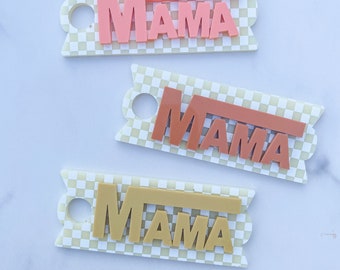 Stanley Lid Tag | Beige White MAMA Checkered | Name Plate Tag | Acrylic Personalized Name Tag | 30oz & 40oz Stanley Tumbler