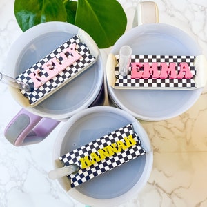 Personalized Stanley Tumbler Name Plate: Black/White Checkered Acrylic Tag