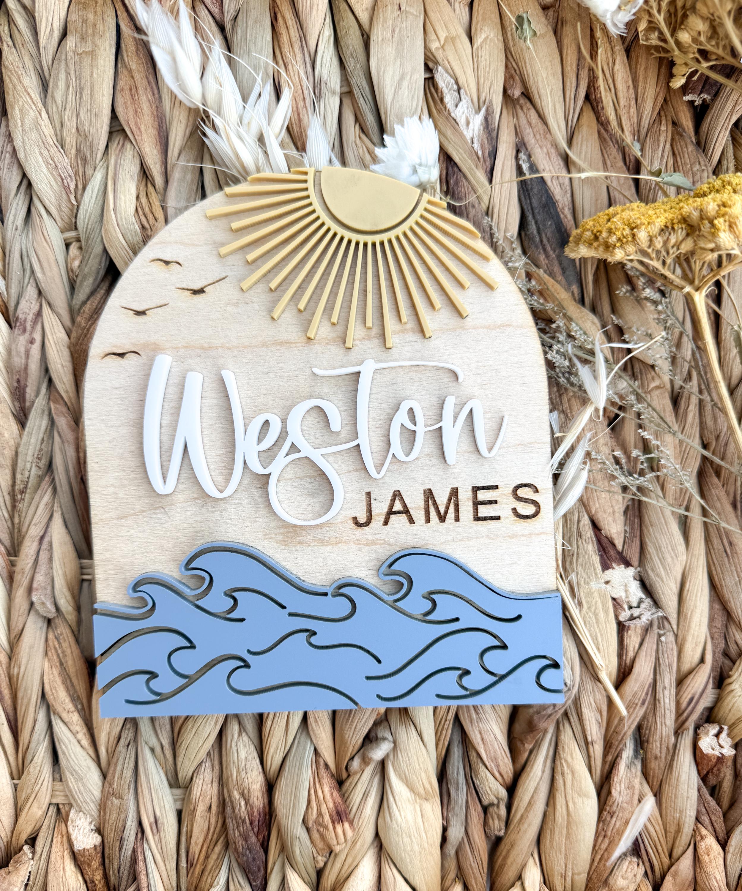 Personalized Wooden Baby Name Sign, Coastal Nursery Decor, Ocean Wave Wall Plaque thumbnail 3